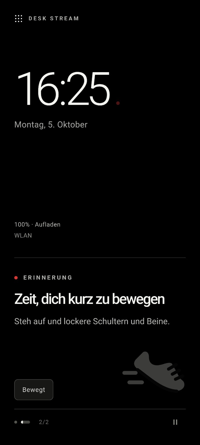 Desk Stream: Erinnerung Zeit, dich kurz zu bewegen – Steh auf und lockere Schultern und Beine.